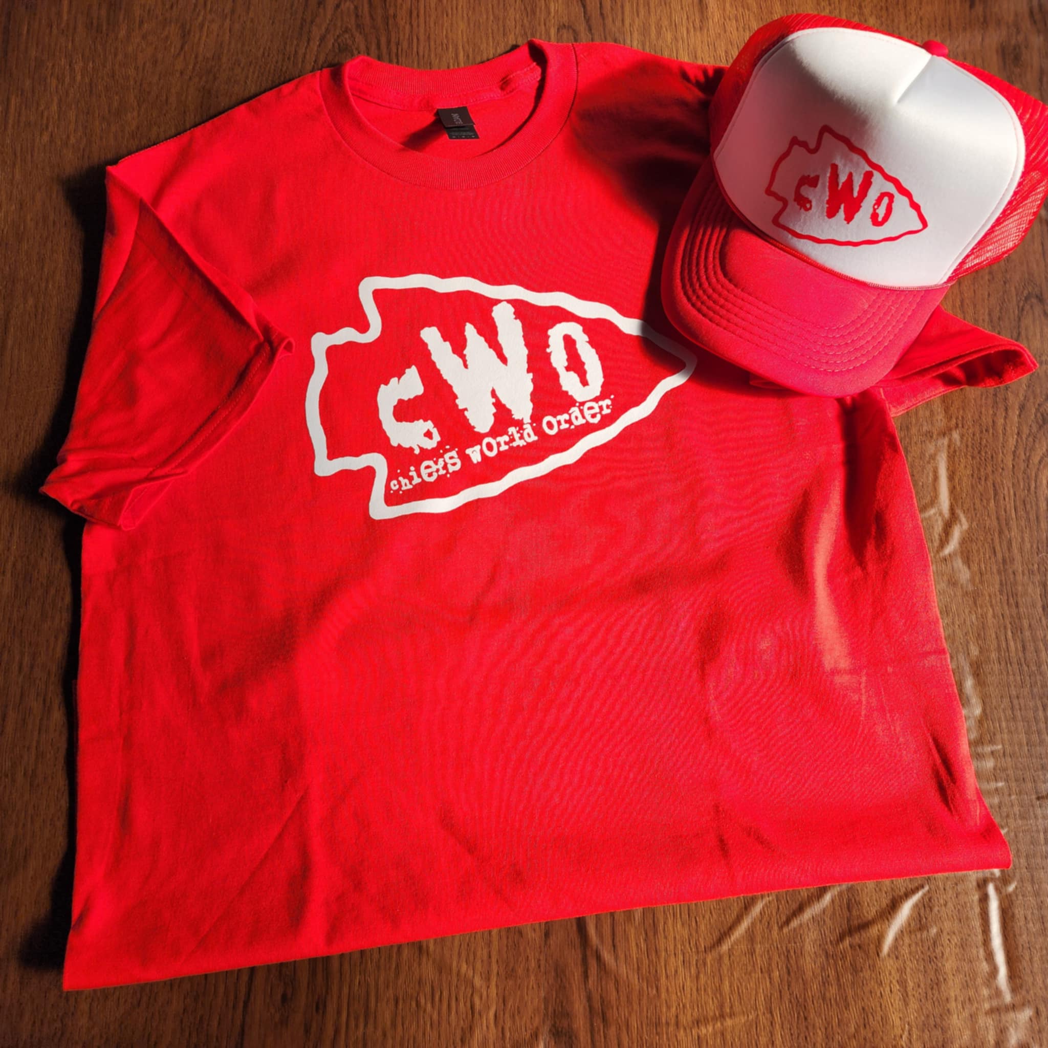 White CWO Logo on Red Shirt