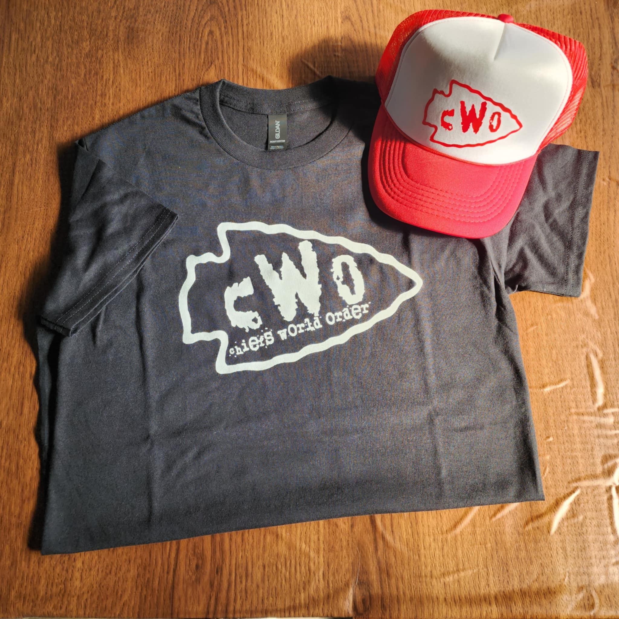 White cWo (Chiefs World Order) on black shirt