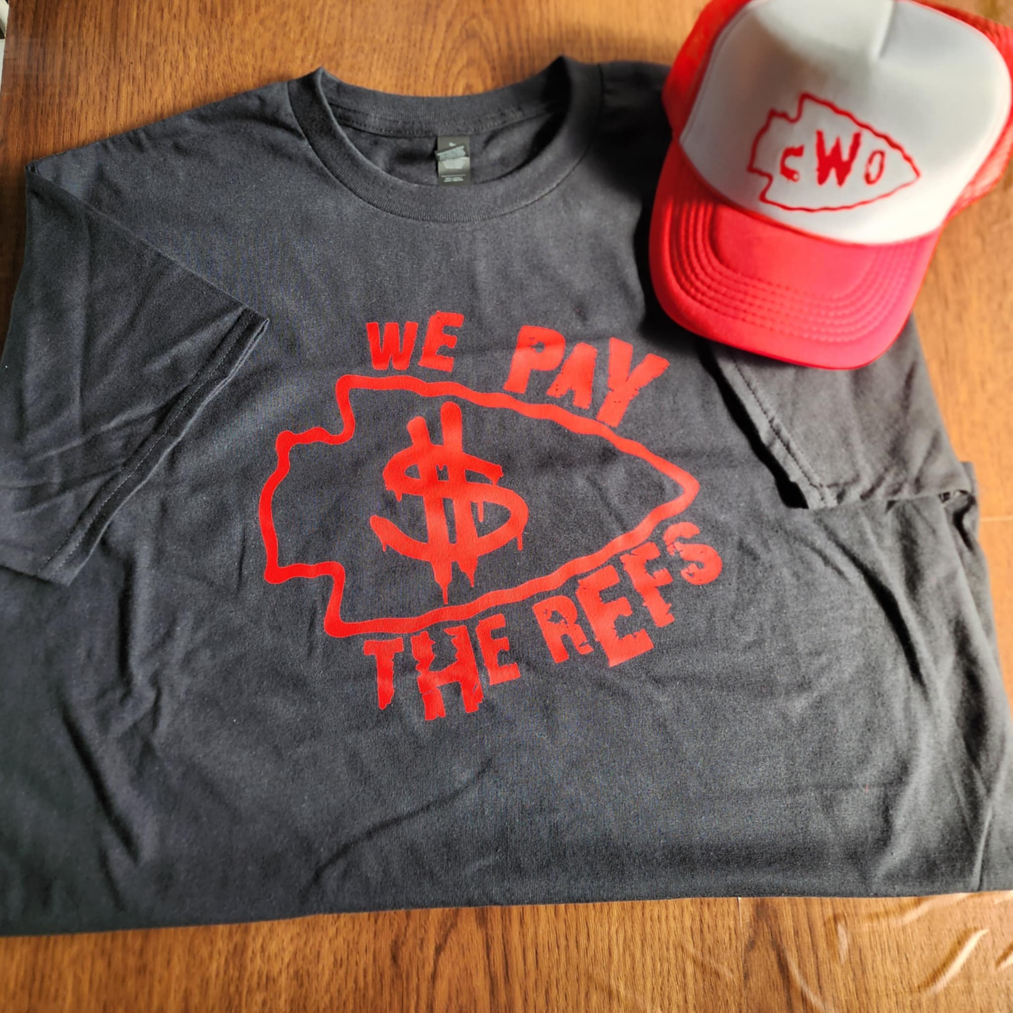 Red We Pay The Refs with Red lettering on back